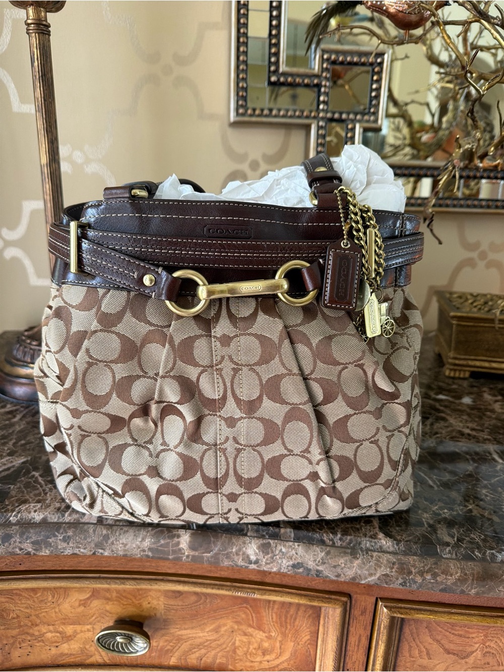 Coach Beige & Brown Signature Canvas Shoulder Bag with Gold Hardware